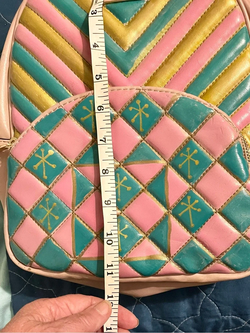 Hand painted ALDO Pink, Teal & Gold Quilted Mini Backpack